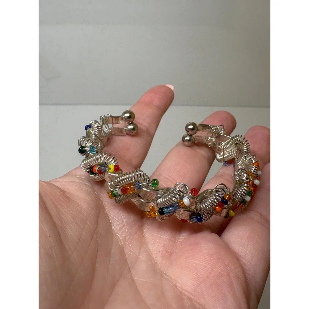 Vintage Silver Tone Wire Wrap Cuff Bracelet Multi Color Seed Beads Industrial